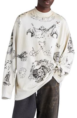 Balenciaga Tattoo Distressed Long Sleeve Cotton Graphic T-Shirt in Off White/Black