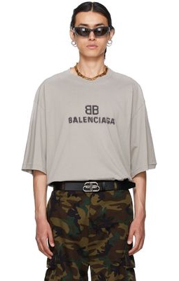 Balenciaga Taupe Distressed BB Pixel T-Shirt