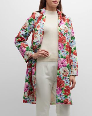 Balmacaan Floral-Print Snap-Front Coat
