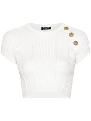 Balmain 3-Button open-knit cropped top - White