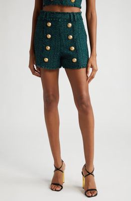 Balmain 8-Button Tweed Shorts in 7Cx Dk Green