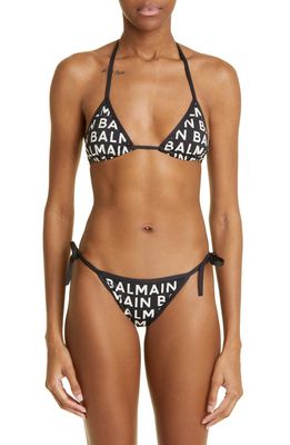 Balmain Allover Logo Triangle Two-Piece Swimsuit in Black Ivory