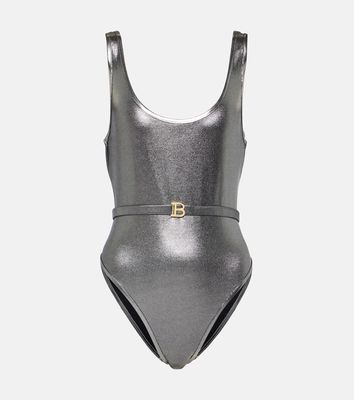 Balmain B belted metallic swimsuit
