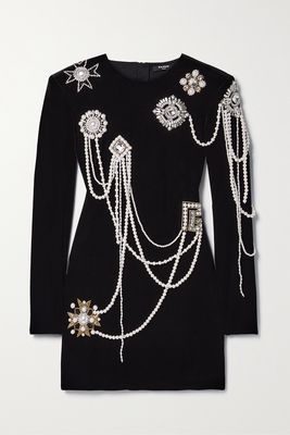 Balmain - Badge Embellished Velvet Mini Dress - Black
