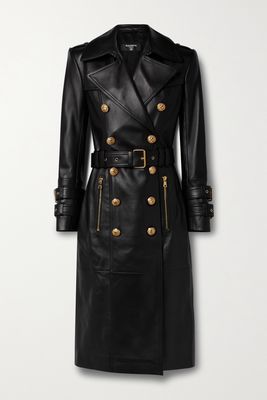 Balmain - Belted Double-breasted Leather Trench Coat - Black