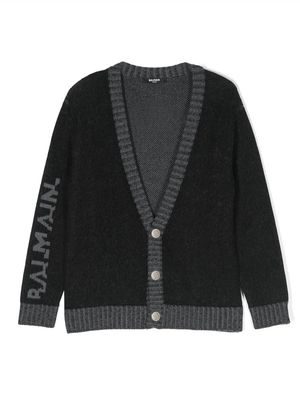 Balmain Black And Grey Cardigan With Logo