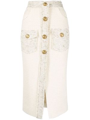 Balmain button-detail bouclé-tweed pencil skirt - Neutrals