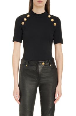 Balmain Button Detail Mock Neck T-Shirt in Black