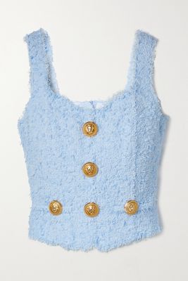 Balmain - Button-embellished Bouclé-tweed Top - Blue