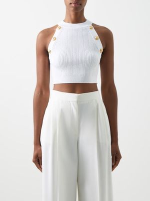 Balmain - Button-embellished Cropped Halterneck Top - Womens - White