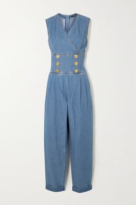 Balmain - Button-embellished Denim Jumpsuit - Blue