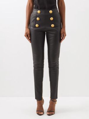 Balmain - Button-embellished Leather Skinny Trousers - Womens - Black
