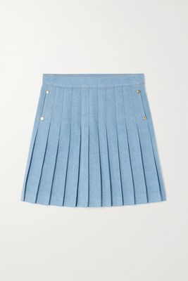 Balmain - Button-embellished Pleated Denim Mini Skirt - Blue