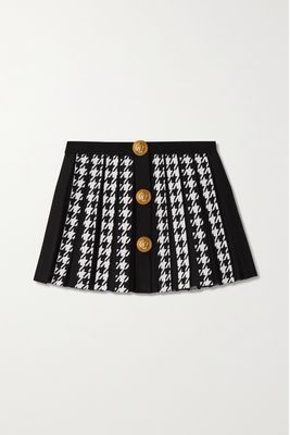 Balmain - Button-embellished Pleated Houndstooth Jacquard-knit Mini Skirt - Black
