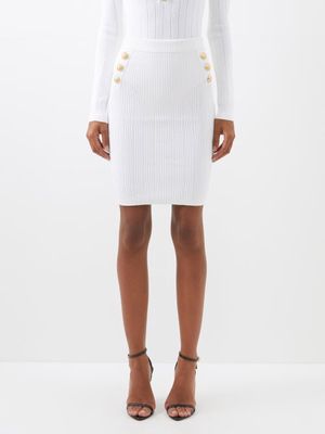 Balmain - Button-embellished Rib-knit Pencil Skirt - Womens - White