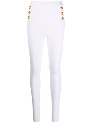 Balmain button-embellished ribbed and pointelle-knit leggings - White