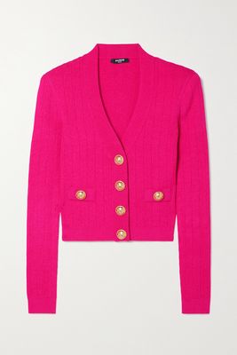 Balmain - Button-embellished Ribbed-knit Cardigan - Pink