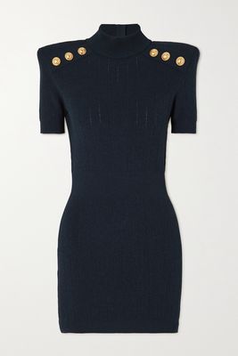 Balmain - Button-embellished Ribbed-knit Mini Dress - Blue