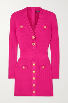 Balmain - Button-embellished Ribbed Knit Mini Dress - Pink