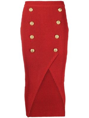 Balmain button-embellished ribbed-knit skirt - Red