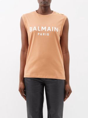 Balmain - Button-shoulder Logo-print Cotton-jersey Tank Top - Womens - Camel