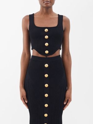 Balmain - Buttoned Rib-knitted Corset Top - Womens - Black