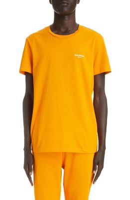 Balmain Classic Fit Flocked Logo Cotton T-Shirt in Bright Orange/White
