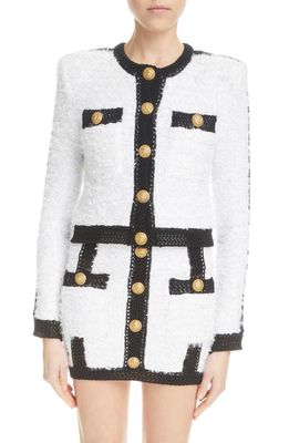 Balmain Colorblocked Tweed Knit Jacket in Gab White/Black
