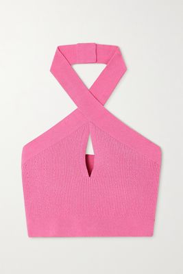 Balmain - Cropped Cutout Ribbed-knit Halterneck Top - Pink