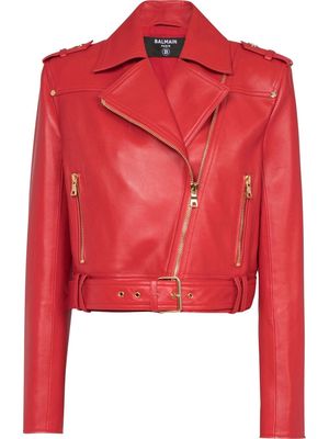 Balmain cropped leather biker jacket - Red