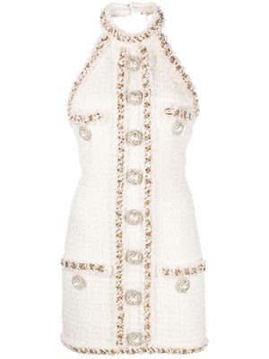 Balmain crystal-button tweed minidress - White