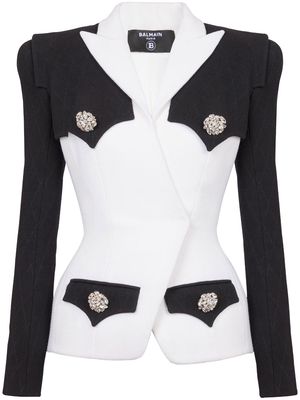 Balmain crystal-embellished button two-tone crepe blazer - Black