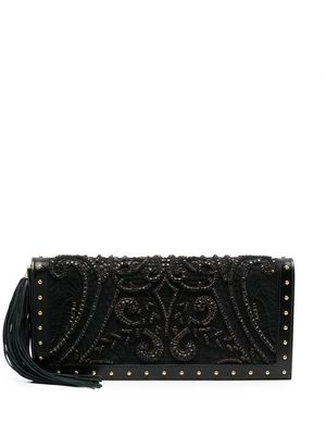Balmain crystal-embroidered leather clutch bag - Black