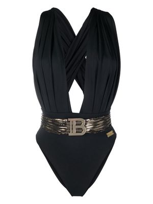 Balmain detachable-belt draped swimsuit - Black