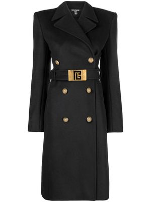 Balmain double-breasted belted wool coat - Black