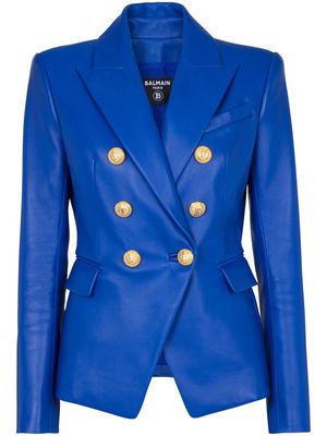 Balmain double-breasted leather blazer - Blue