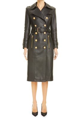 Balmain Double Breasted Leather Trench Coat in 0Pa 0Pa Noir