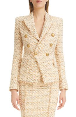 Balmain Double Breasted Tailored Tweed Jacket in Beige Multi