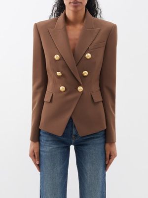 Balmain - Double-breasted Tailored Wool Blazer - Womens - Brown