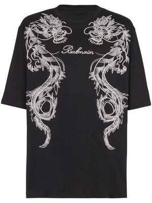 Balmain Dragon-embroidered cotton T-shirt - Black
