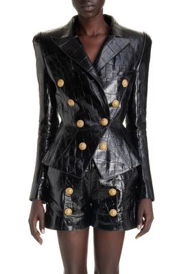 Balmain Eight-Button Croc Embossed Leather Jacket in 0Pa Black