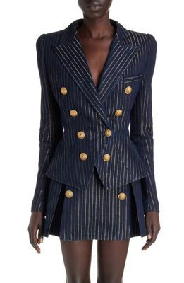 Balmain Eight-Button Metallic Pinstripe Denim Jacket in Siq Blue Multi