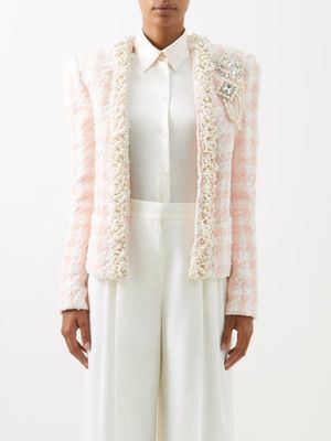 Balmain - Embellished Houndstooth-tweed Jacket - Womens - Light Pink Multi
