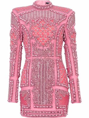 Balmain embellished padded-shoulder mini dress - Pink