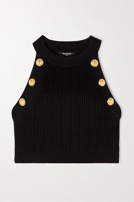 Balmain - Embellished Ribbed-knit Halterneck Top - Black