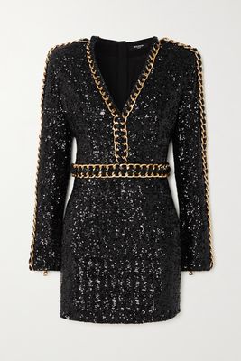 Balmain - Embellished Sequined Crepe Mini Dress - Black