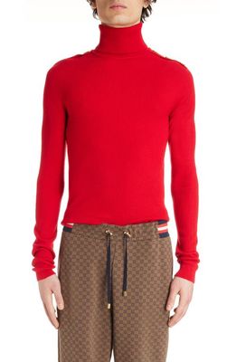 Balmain Epaulet Accent Rib Wool Turtleneck Sweater in 3Cf Red