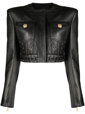 Balmain eyelet-embellished cropped leather jacket - Black