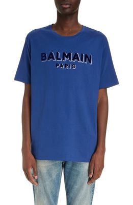 Balmain Flock & Foil Logo Graphic T-Shirt in Slk Dark Blue/Multi