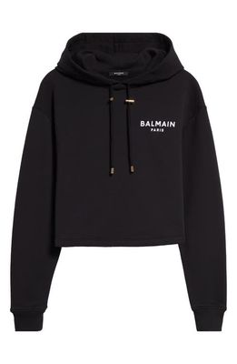 Balmain Flocked Logo Cotton Fleece Crop Hoodie in Eab Black/White